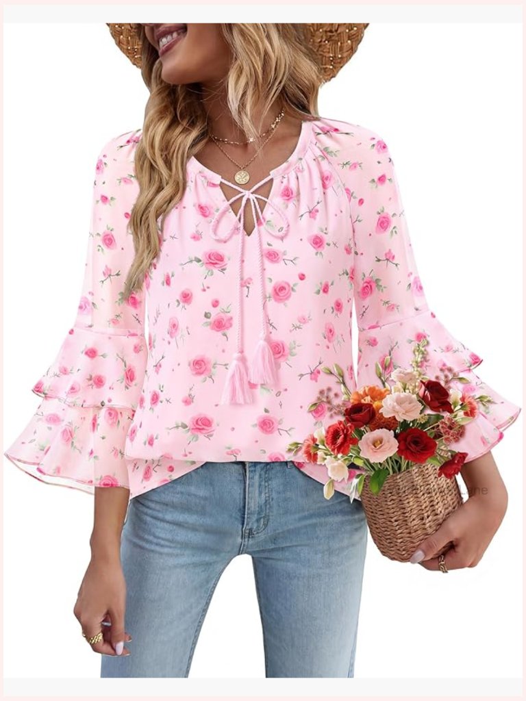 Ruffle Sleeve V Neck Tassel Tie Front Floral Chiffon Boho Blouse Top